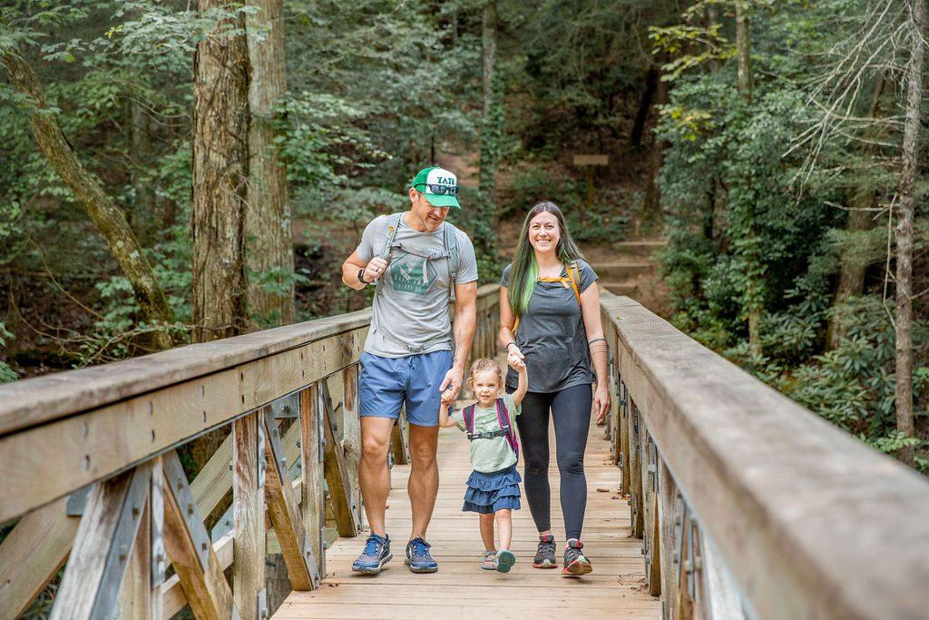 A family walking across a bridge